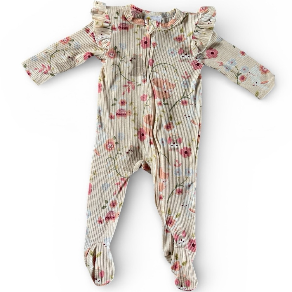 Little Chickadee Baby Girl Floral Ribbed Footed Sleeper Ruffle Zip Pajamas 3–6M